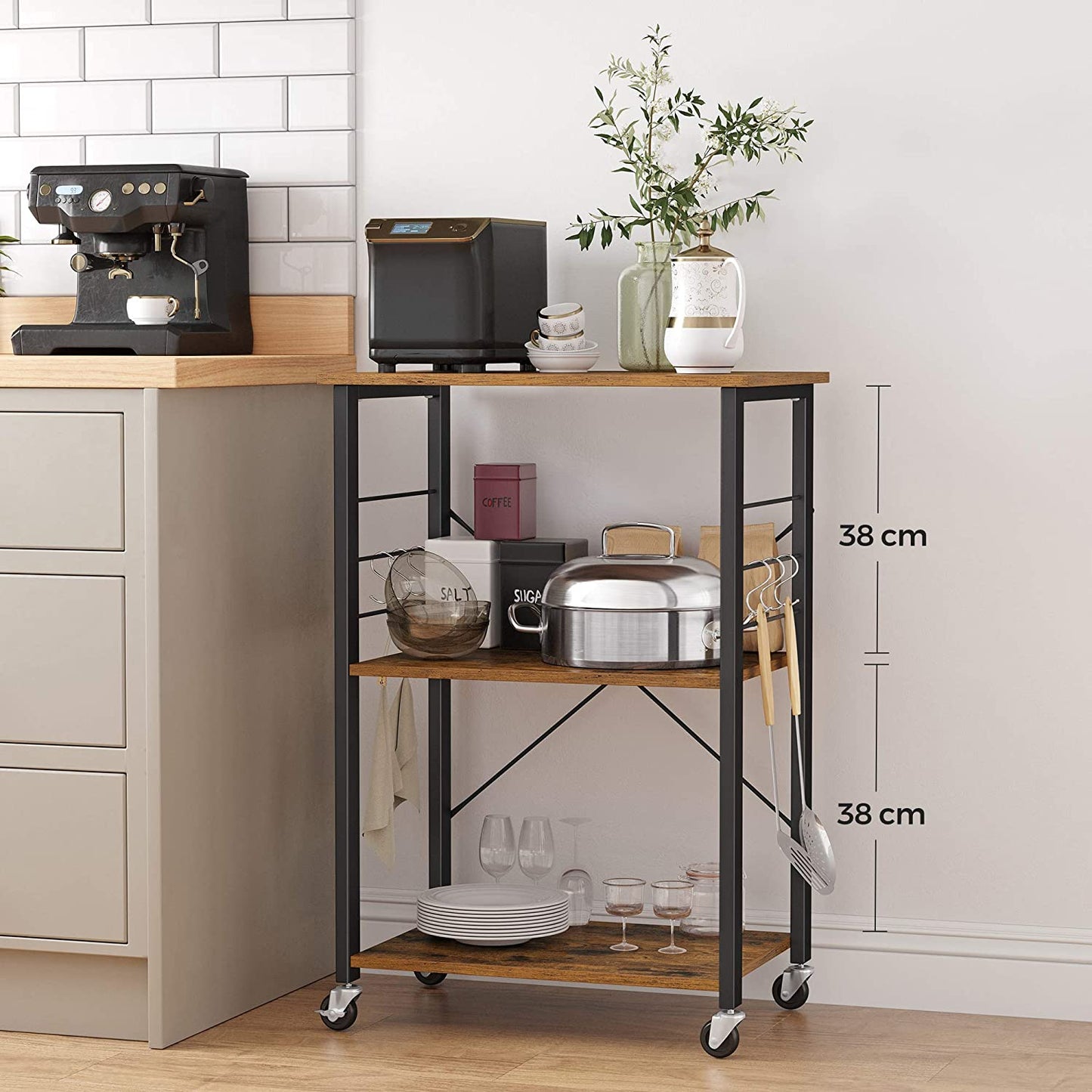 Kitchen Baker's Rack, 3-Tier Serving Cart with Metal Frame and 6 Hooks, Rustic Brown