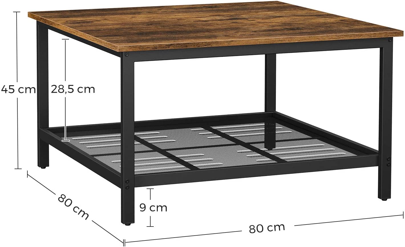 Robust Coffee Table Steel Frame and Mesh Storage Shelf, Rustic Brown and Black