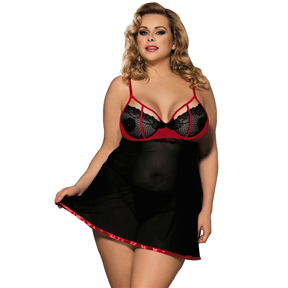Plus Size Black & Red Lace Babydoll Chemise Women's Lingerie Sizes M, XL to 6XL
