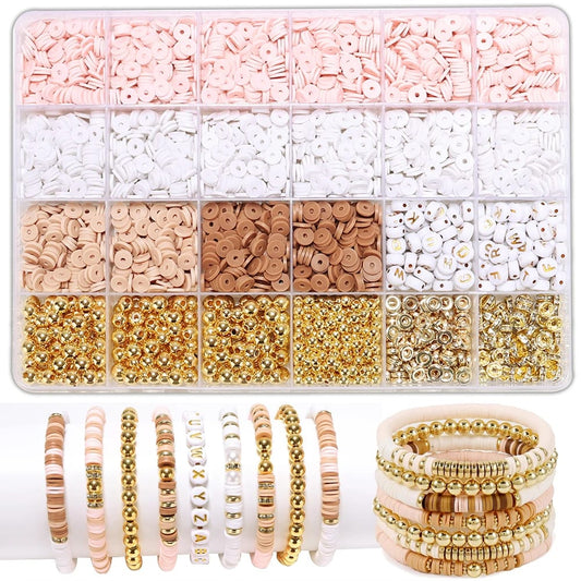 Golden Beads Pink White Clay Beads Kit For DIY jwellery Making Clay Beads Bracelet Kit Friendship Bracelet Making Kit