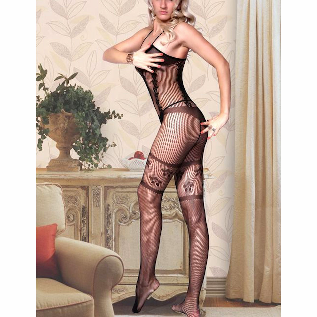 Criss Cross Fishnet Black Body Stocking Women's Lingerie Crotchless