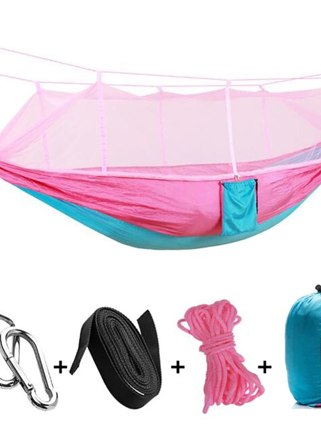 Camping Hammock with Mosquito Net Double Hammock Outdoor Portable Breathable Parachute Nylon with Carabiners and Tree Straps for 2 person