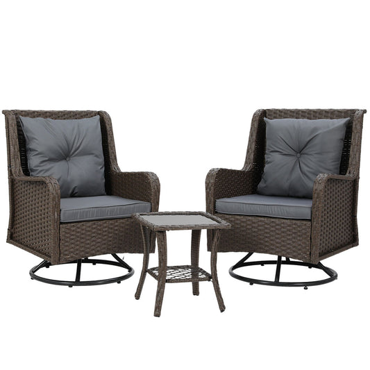 Gardeon 3PC Outdoor Furniture Bistro Set Lounge Wicker Swivel Chairs Table Cushion Brown