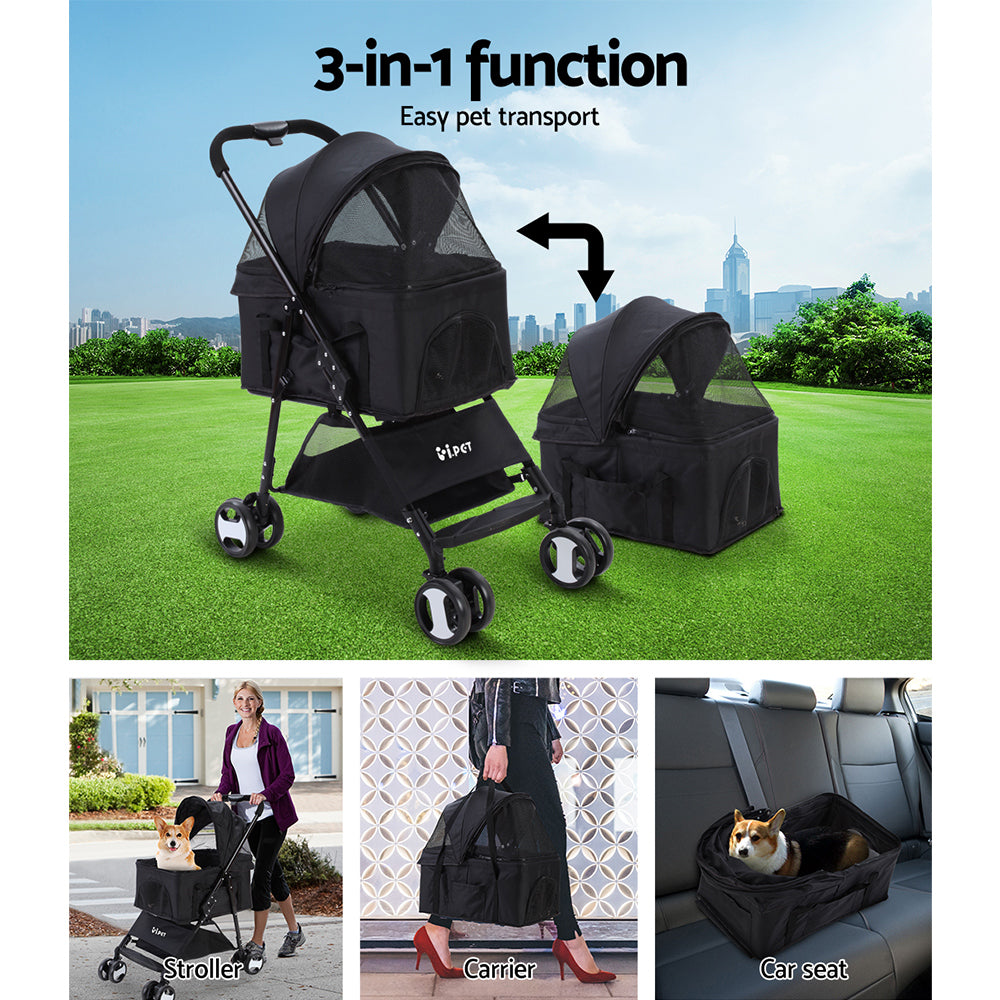 i.Pet Pet Stroller Dog Pram Cat Carrier Travel Large Pushchair Foldable 4 Wheels Black
