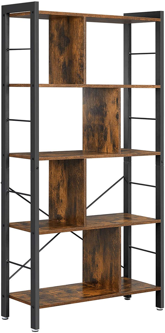 4-Tier Industrial Bookshelf Stable Iron Frame, Rustic Brown