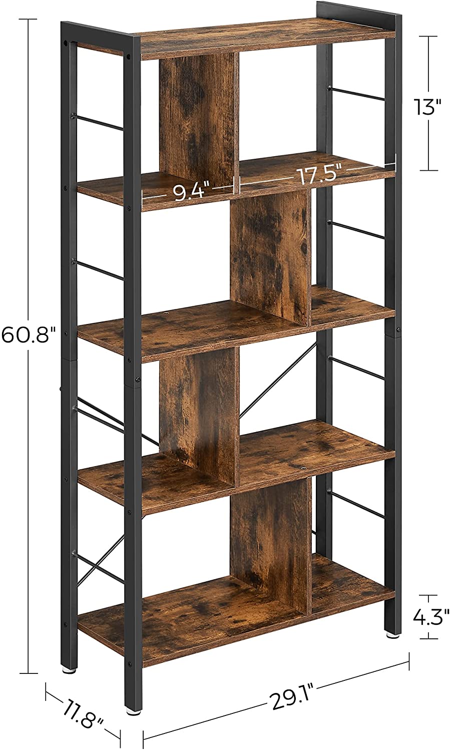 4-Tier Industrial Bookshelf Stable Iron Frame, Rustic Brown
