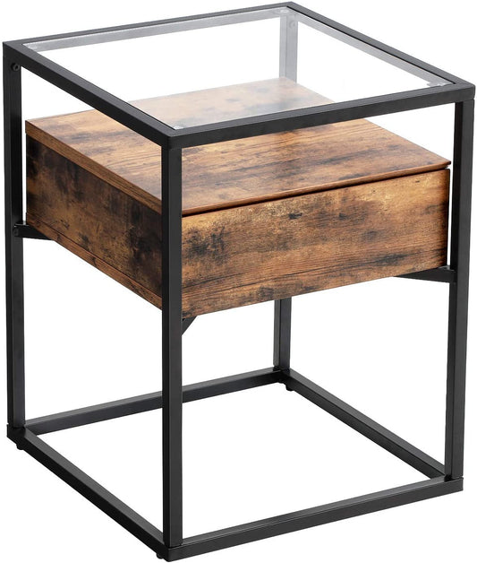 Tempered Glass End Table with Drawer and Rustic Shelf  Stable Iron Frame