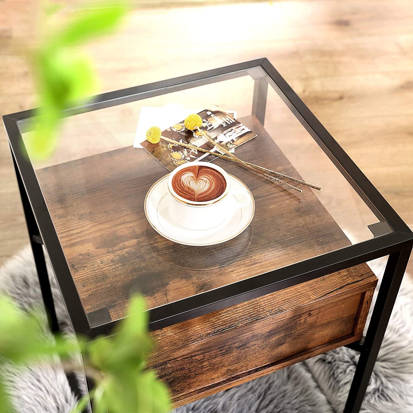Tempered Glass End Table with Drawer and Rustic Shelf  Stable Iron Frame