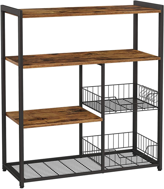 Baker's Rack with 2 Metal Mesh Baskets, Shelves and Hooks, 80 x 35 x 95 cm, Industrial Style, Rustic Brown
