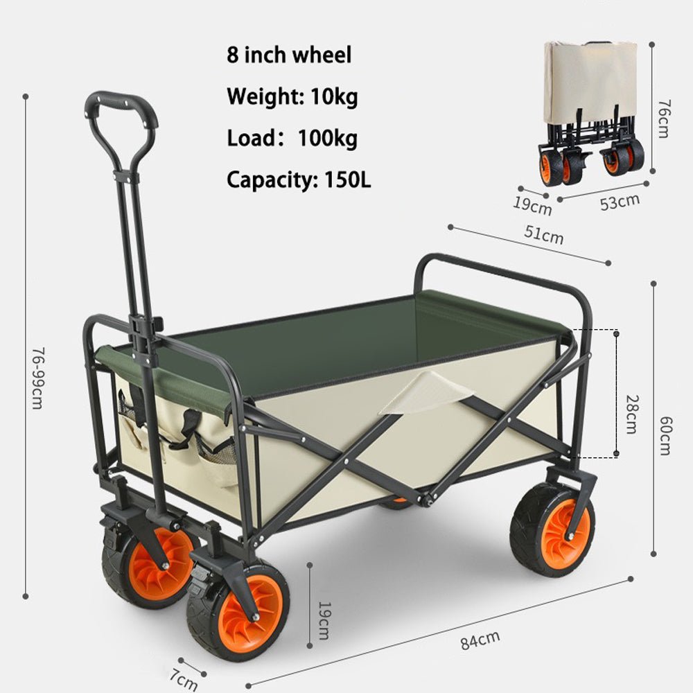 8 Inch Wheel Beige Folding Beach Wagon Cart Trolley Garden Outdoor Picnic Camping Sports Market Collapsible Shop