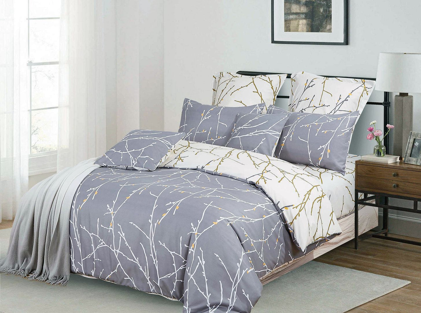 Tree Reversible King Size Grey Duvet Quilt Cover Set