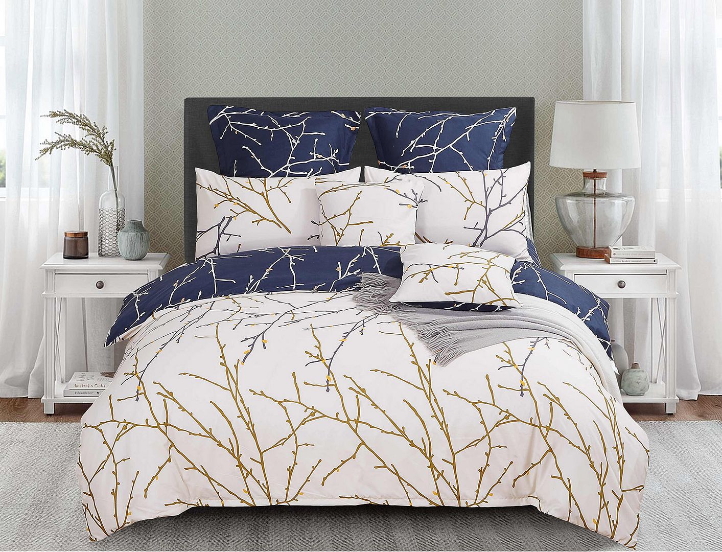 Tree Reversible King Size Blue Duvet Quilt Cover Set