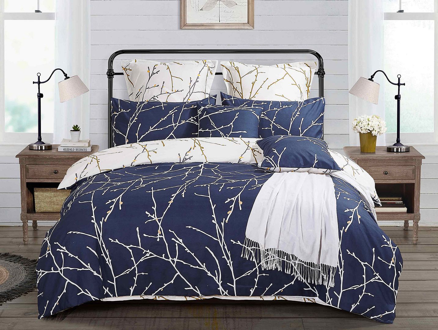 Tree Reversible Queen Size Blue Duvet Quilt Cover Set