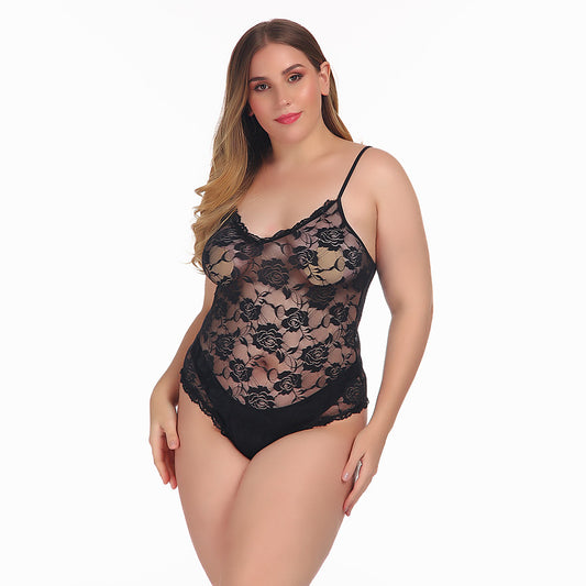 Women's Lace Backless Plus Size Teddy Bodysuit Black Sizes XL XXL XXXL XXXXL